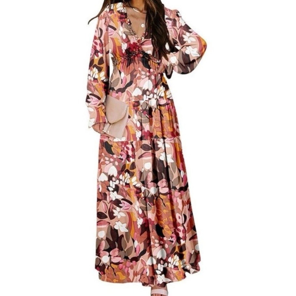 Unbranded Chiffon Maxi Dress Women Large Brown NWT Floral Ruffle Long Sleeve